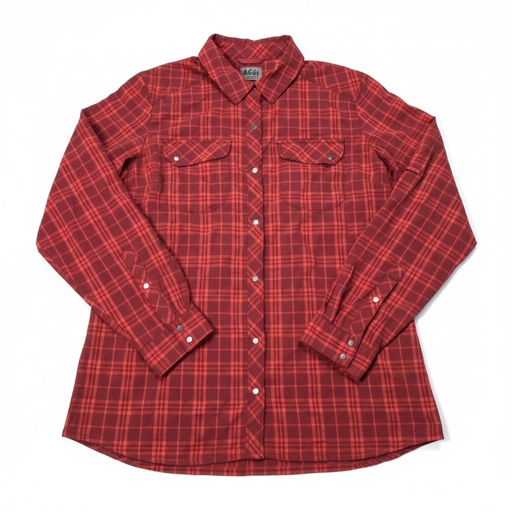 REI Co-op Womens L Red Plaid Flannel Shirt Snap Front Long Sleeve Hiking Outdoor